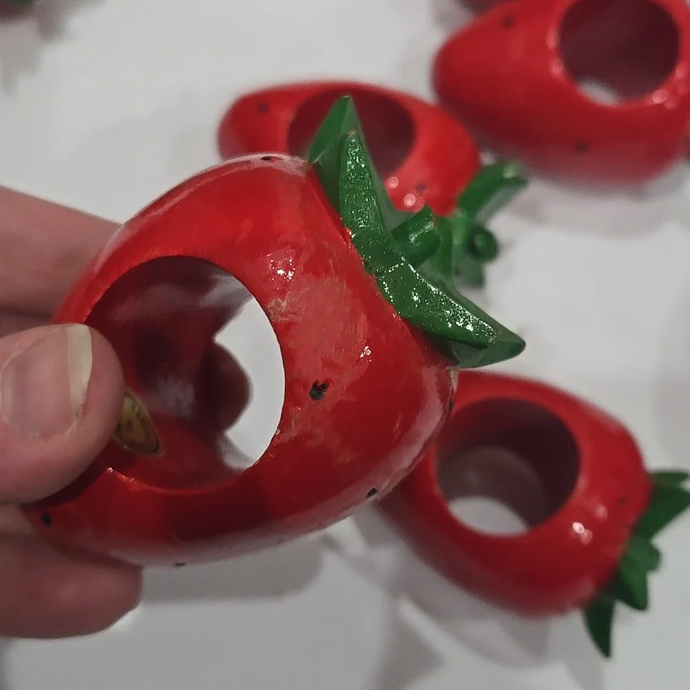 Vintage Strawberry Wooden painted napkin rings Set Of 8